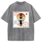 Japanese Cat Stamp Washed T-Shirt