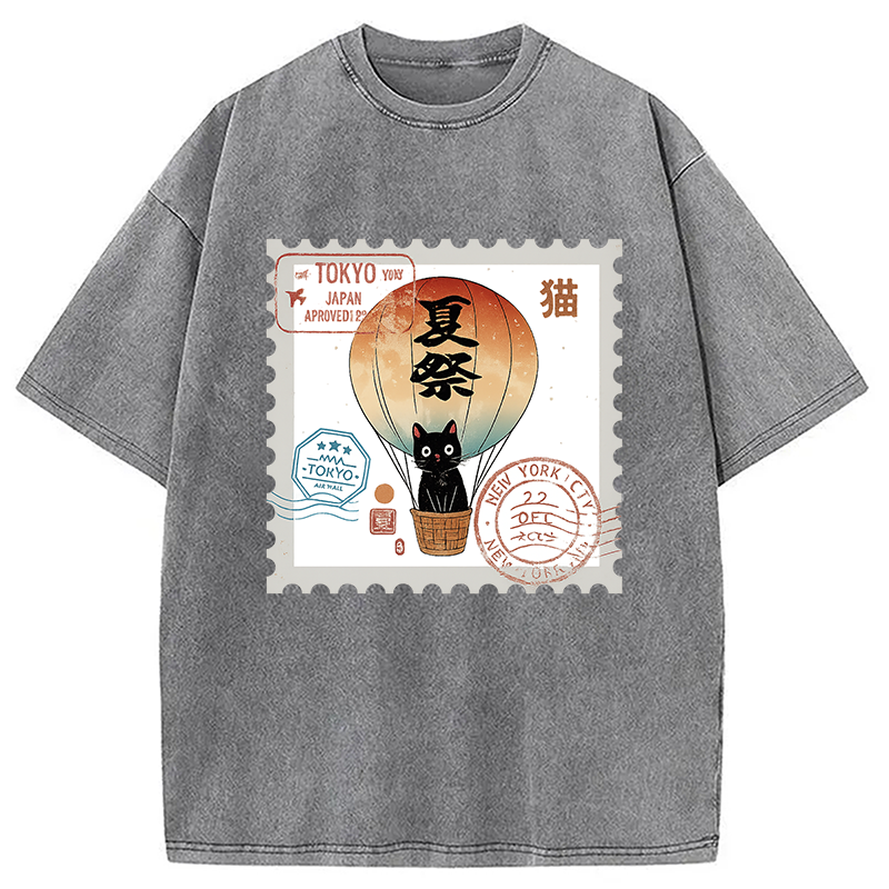 Japanese Cat Stamp Washed T-Shirt