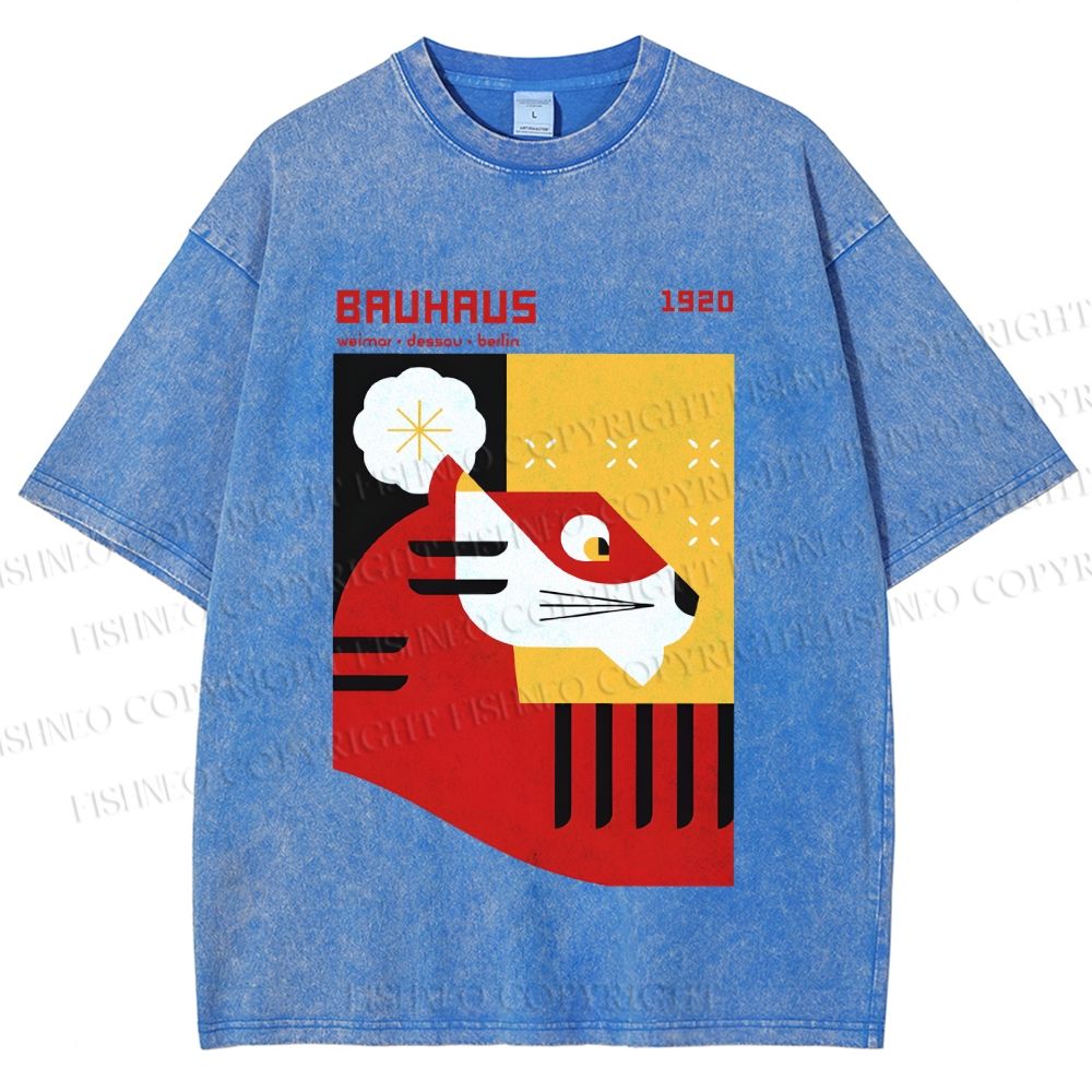 Unisex Bauhaus Red Tiger Printed Washed Tee