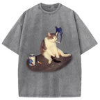 Custom Cat Smoking Meme Washed T-Shirt