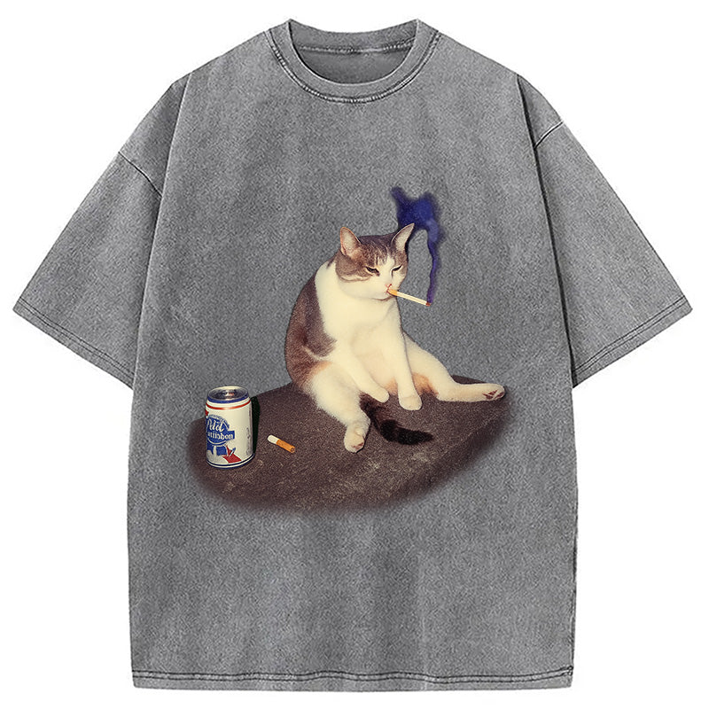 Custom Cat Smoking Meme Washed T-Shirt