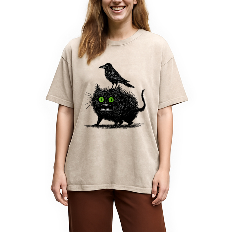 Crow And Black Cat Washed T-Shirt