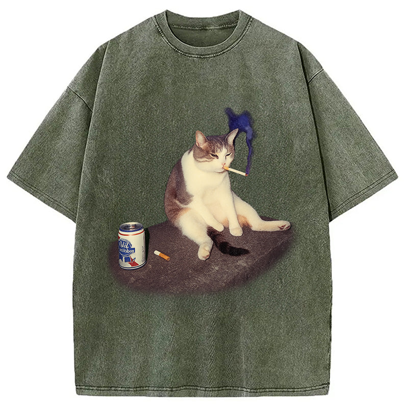 Custom Cat Smoking Meme Washed T-Shirt