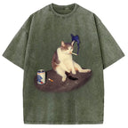 Custom Cat Smoking Meme Washed T-Shirt