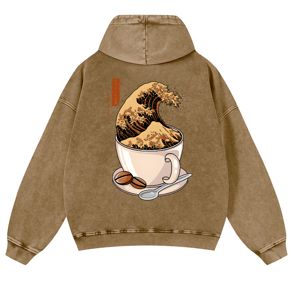 Coffee Wave Vintage Washed Cotton Back Art Hoodie