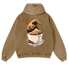 Coffee Wave Vintage Washed Cotton Back Art Hoodie