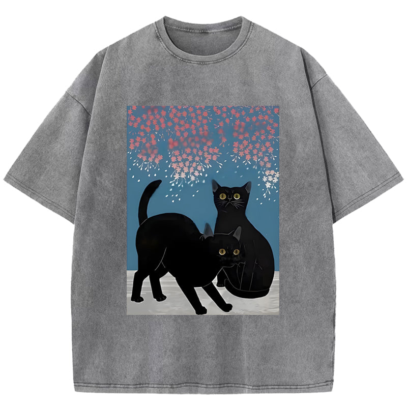 Black Cat Under The Sakura Washed T-Shirt