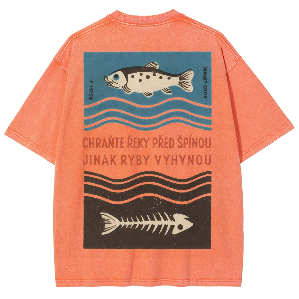 Fish And Fish Bone Washed Vintage Short Sleeves T-Shirt