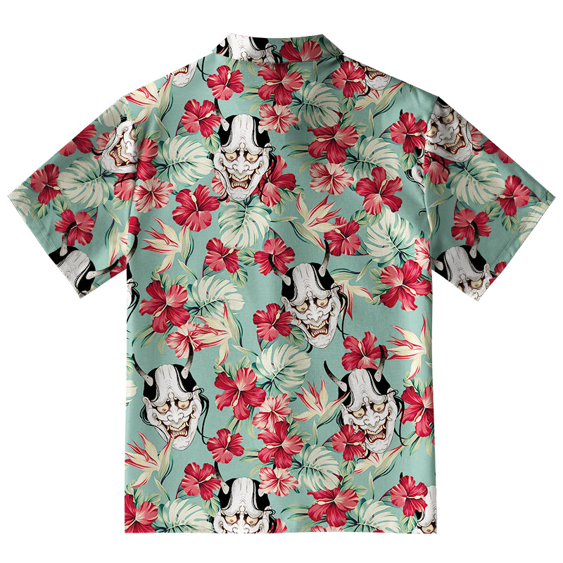 Oni Mask And Flower Button-up Shirt