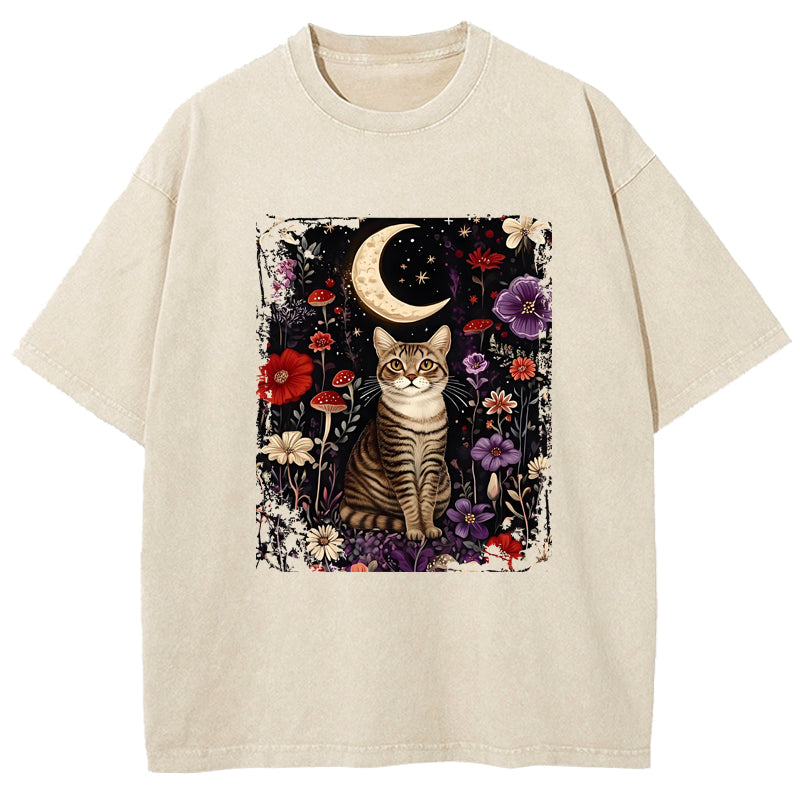 Cat And Moonlit Night Washed T-Shirt