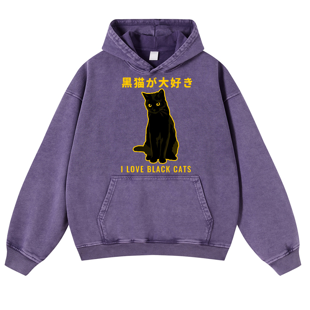 Black Cat Vintage Washed Thick Cotton Hoodie
