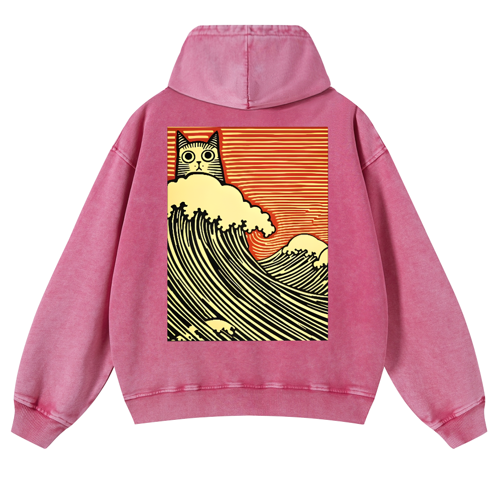 Cat Wave Vintage Washed Cotton Back Art Hoodie