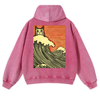 Cat Wave Vintage Washed Cotton Back Art Hoodie