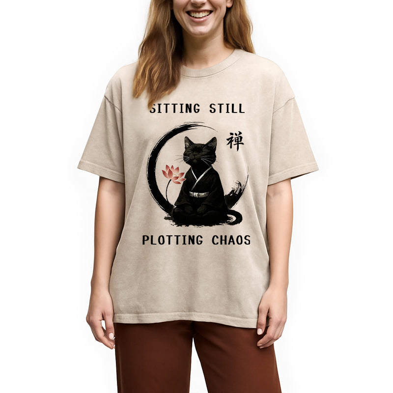 Sitting Calming Zen Cat Washed T-Shirt