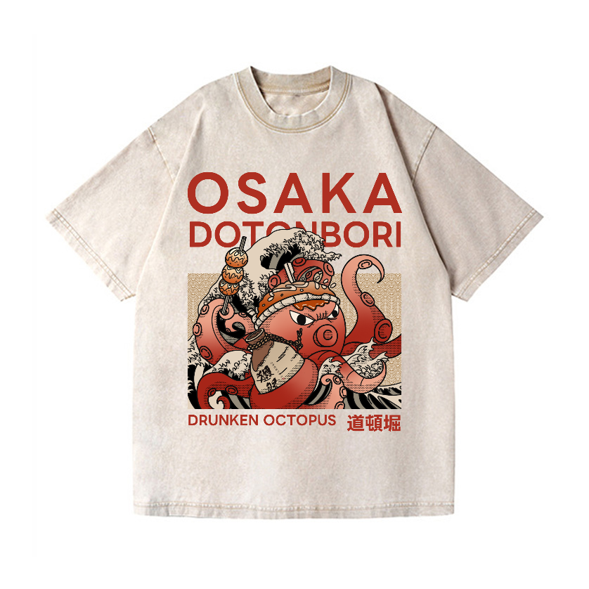 Osaka Dotonbori Drunken Octopus  Vintage Wash Japanese Design T-Shirt