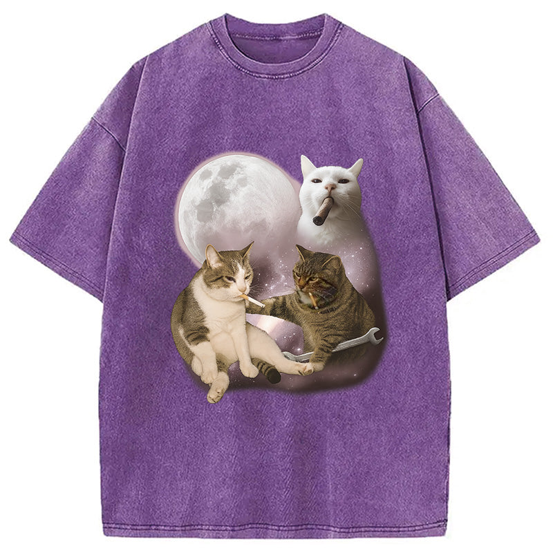 Three Cat Smoking Retro Washed T-Shirt