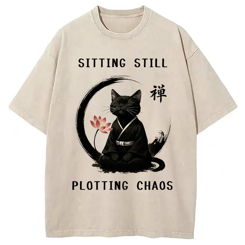 Sitting Calming Zen Cat Washed T-Shirt