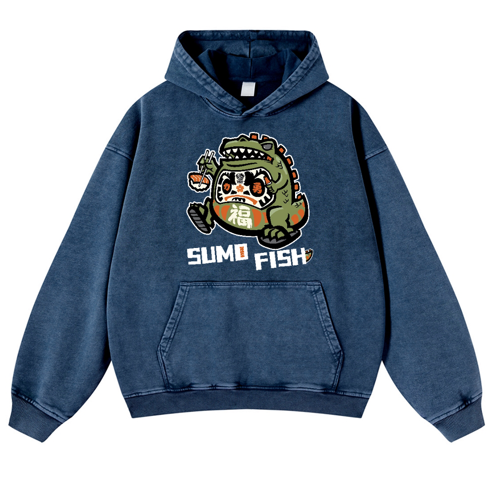 Sumo Fish Daruma Sushi Vintage Washed Thick Cotton Hoodie