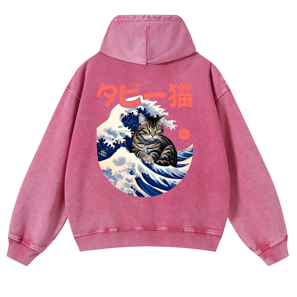 Cat Wave Vintage Washed Cotton Back Art Hoodie