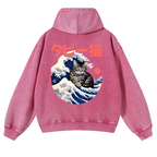 Cat Wave Vintage Washed Cotton Back Art Hoodie