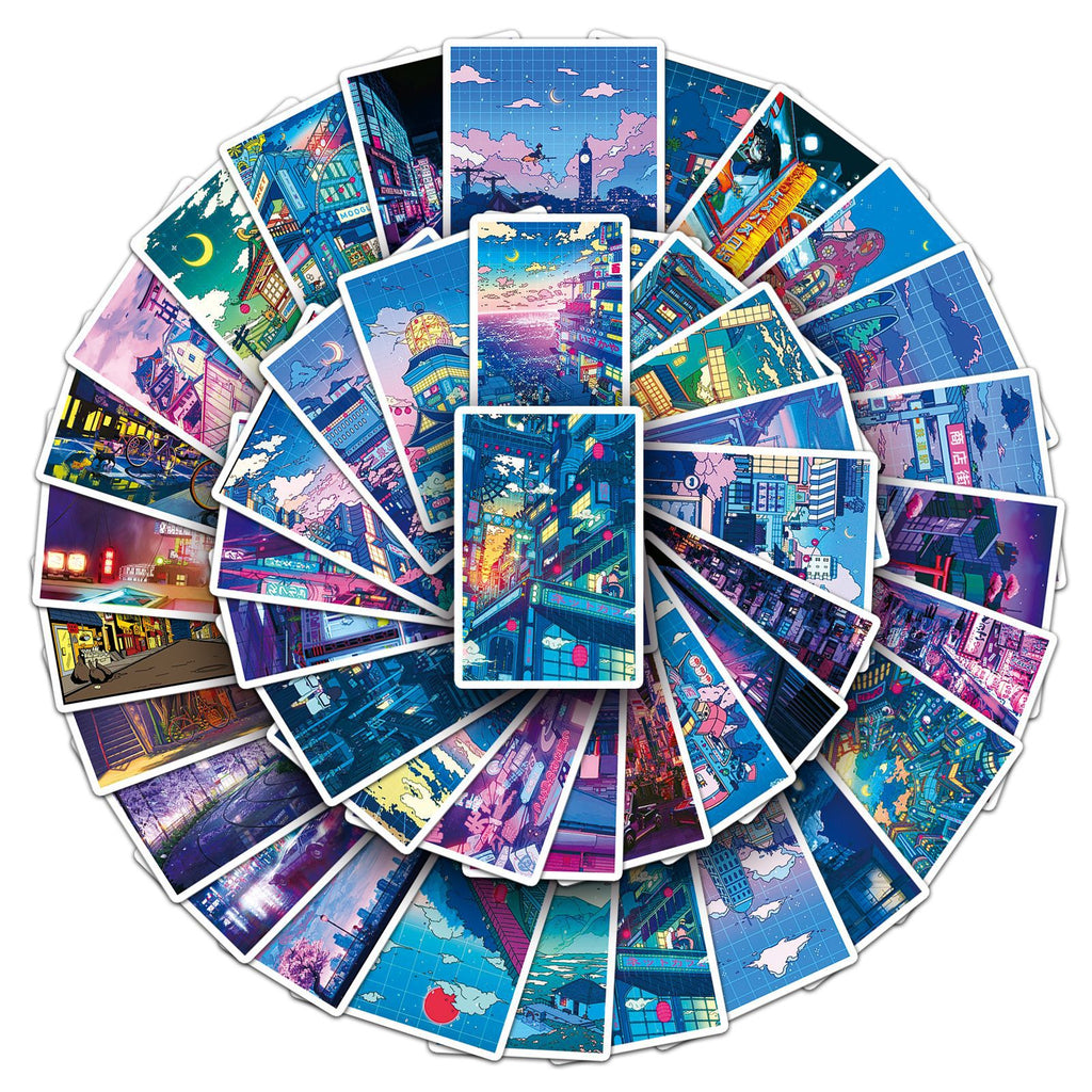 50 Japanese Anime Night Scene Stickers