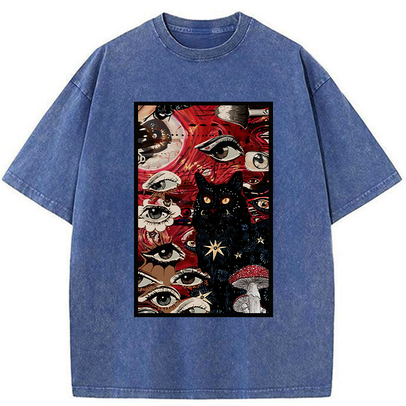 Psychedelic Black Cat Washed T-Shirt