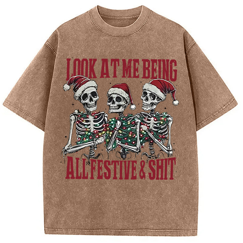 Funny Christmas Skull Washed T-Shirt