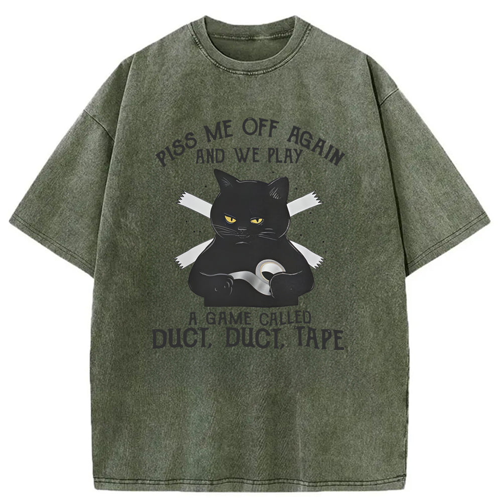 Funny Black Cat with Duct Tape Washed T-Shirt