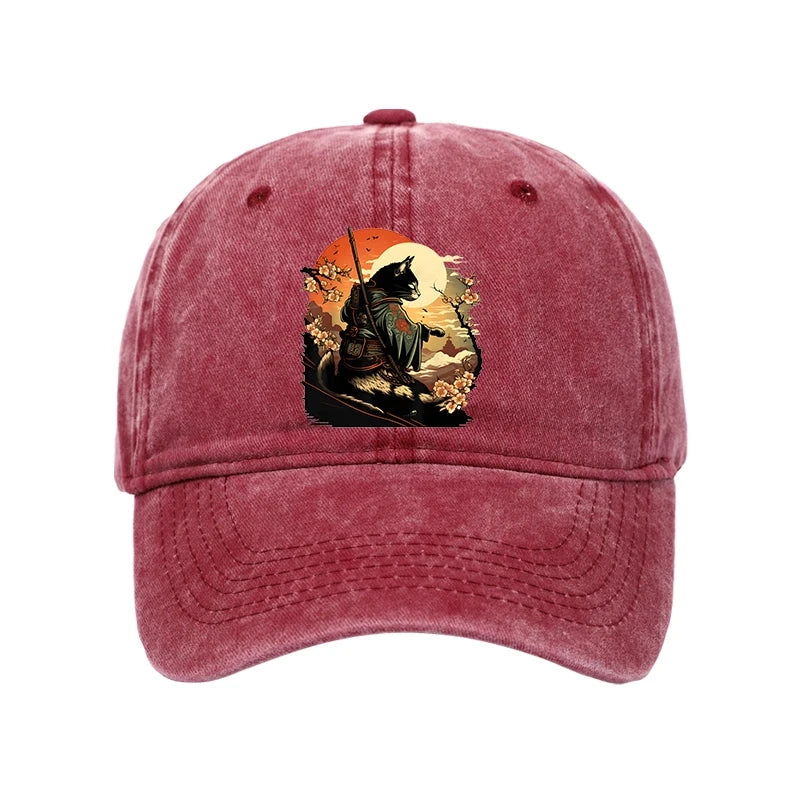 Cat Ninja Ukiyo-e Anime Style Samurai Washed Cap