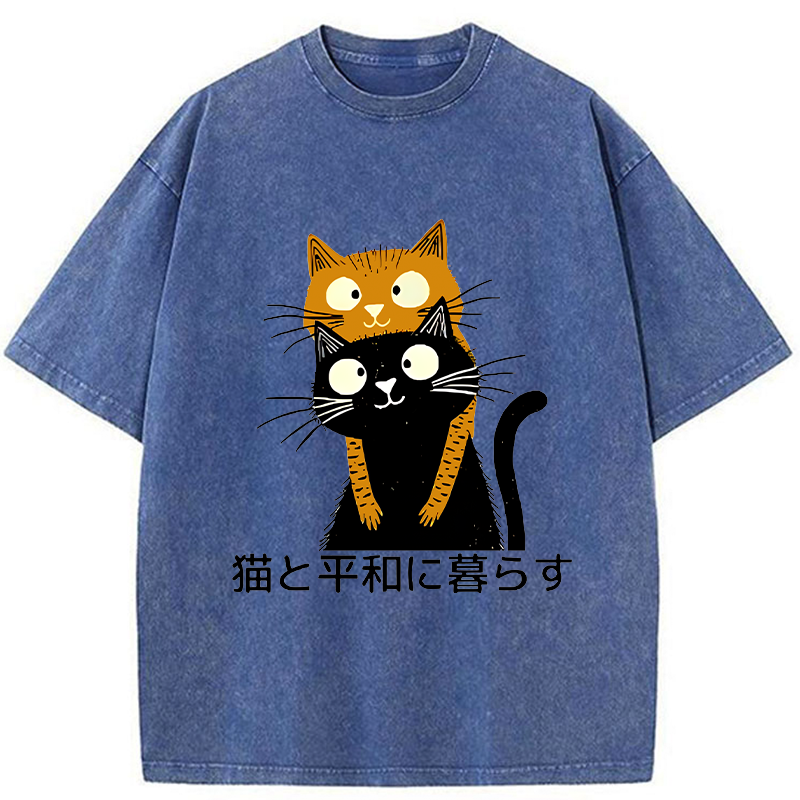 Live Peacefully With Cats Washed T-Shirt