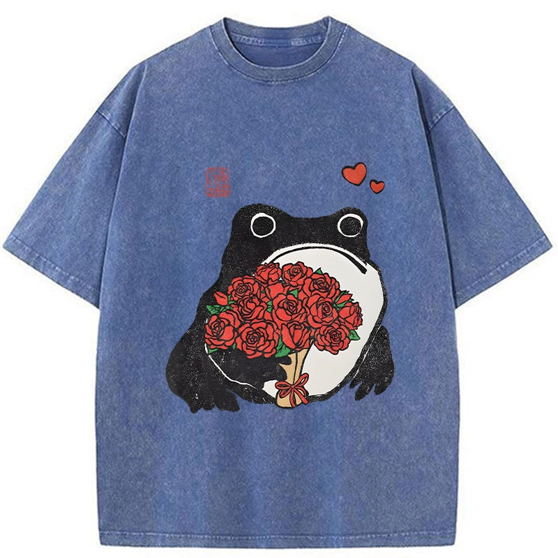 Romantic Frog Holding Roses Washed T-Shirt