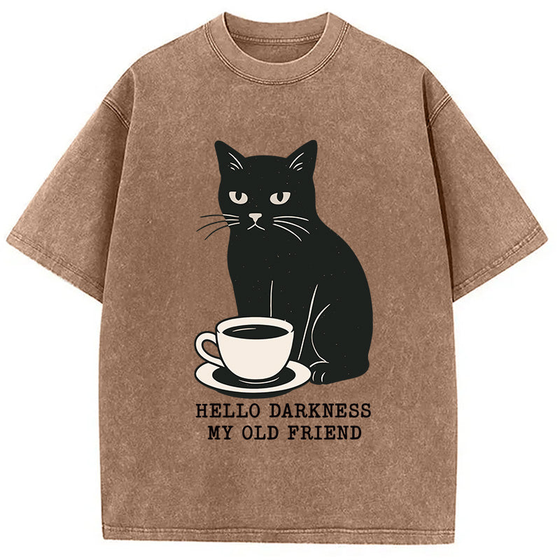 Black Cat Drinking Coffee Washed T-Shirt