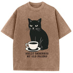 Black Cat Drinking Coffee Washed T-Shirt