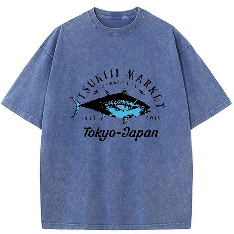 Tsukiji Fish Market Blue Fish Washed T-Shirt