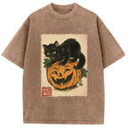 Black Cat And Pumpkin Washed T-Shirt