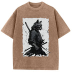 Handsome Samurai Cat Washed T-Shirt