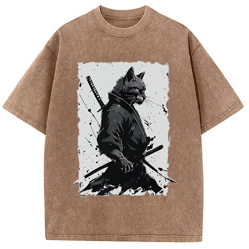 Handsome Samurai Cat Washed T-Shirt