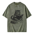 Unisex Cat Reading Book Printed Washed Tee