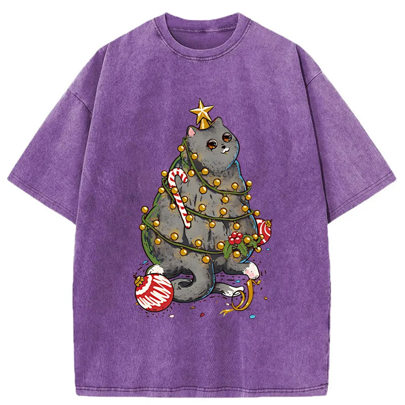 Unisex Christmas Decoration Cat Washed T-Shirt