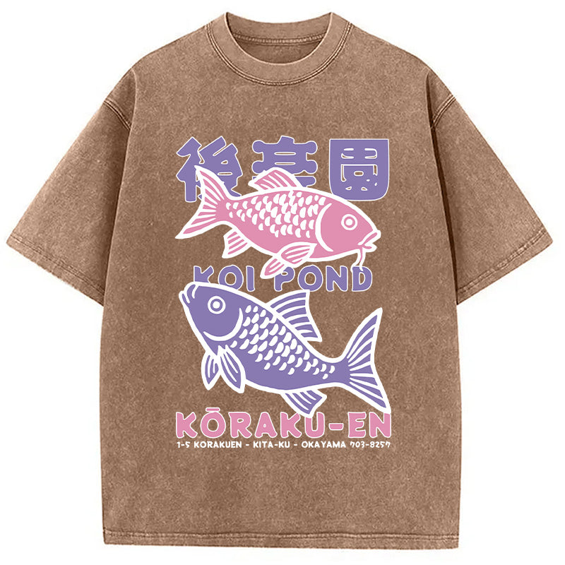 Koi Fish Pond Japanese Washed T-Shirt