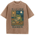 Japanese Frog Eating Ramen Washed T-Shirt