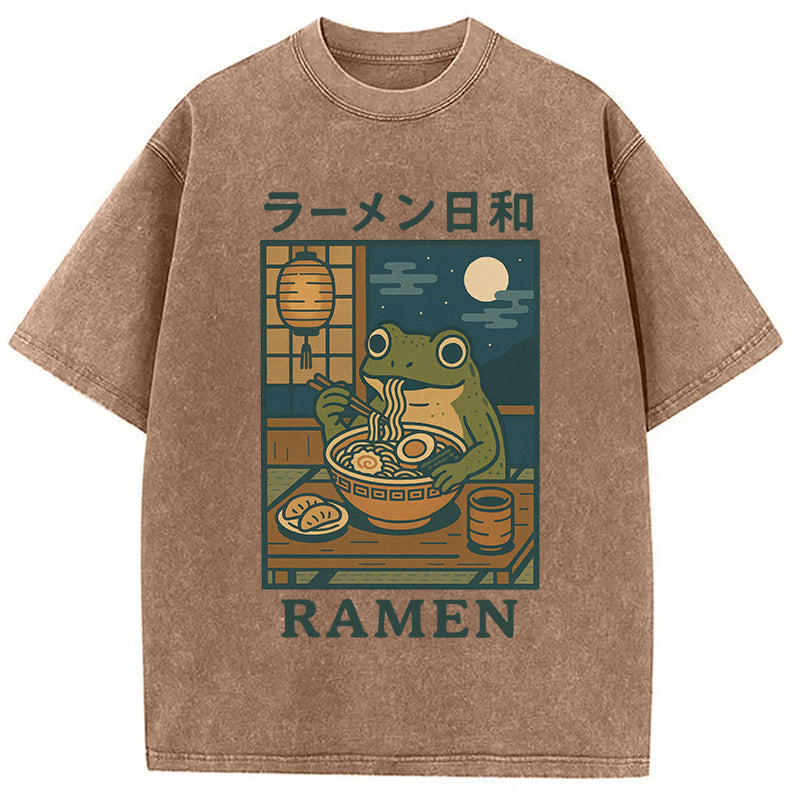 Japanese Frog Eating Ramen Washed T-Shirt
