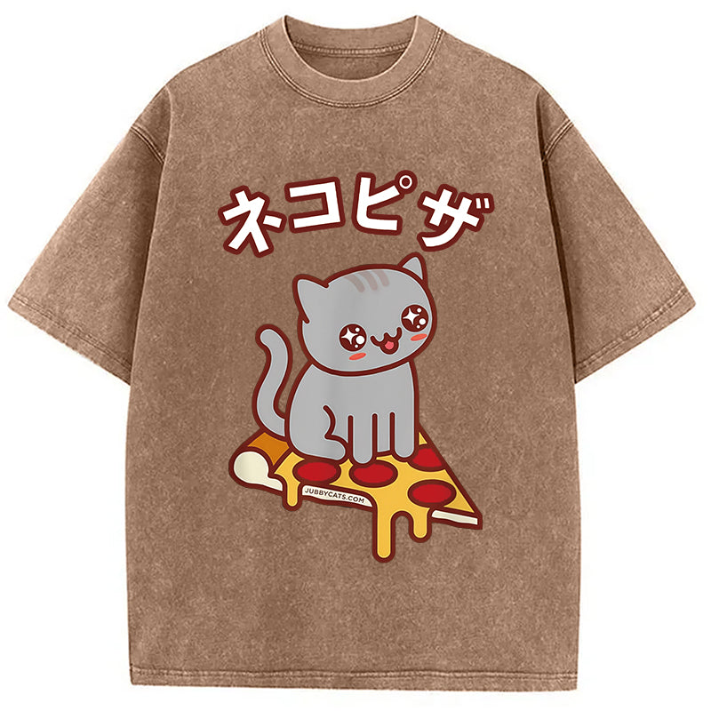 Super Kawaii Japanese Pizza Cat Washed T-Shirt