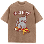 Super Kawaii Japanese Pizza Cat Washed T-Shirt