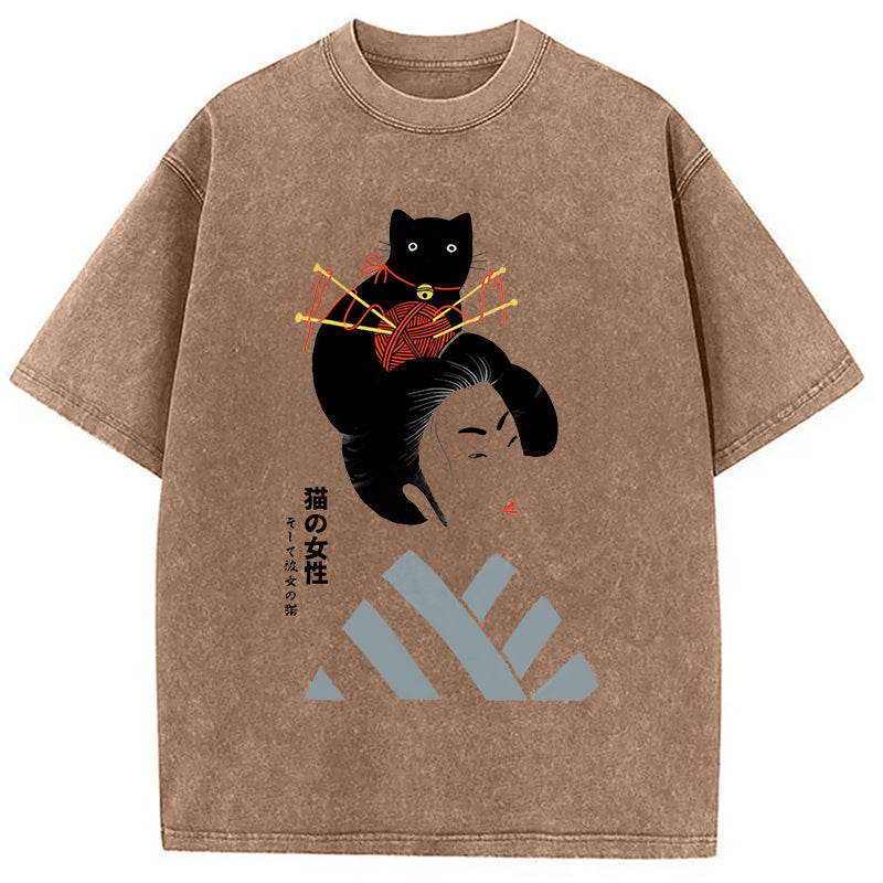 Geisha And Cat Washed T-Shirt