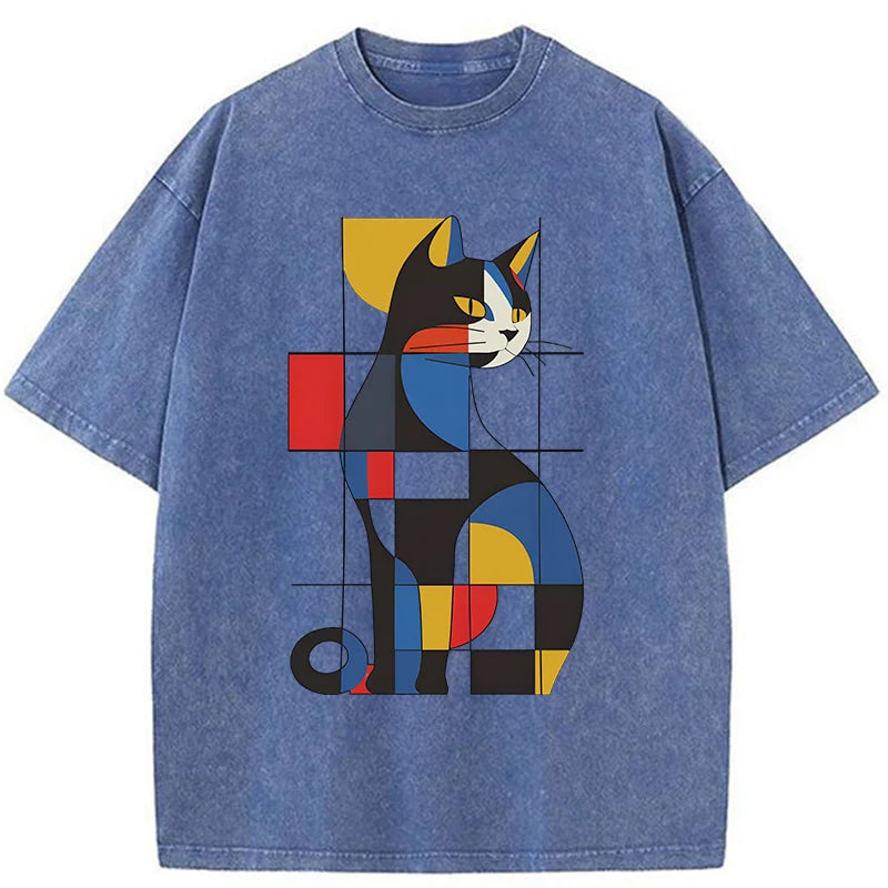 Unisex Mondrian Cat Washed T-Shirt