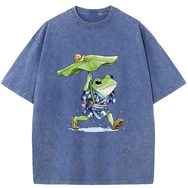 Unisex Frog Seeking Shelter From The Rain Washed T-Shirt