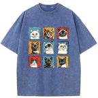Unisex Pop Art Cat Washed T-Shirt