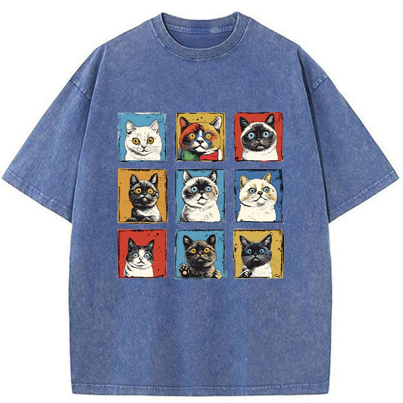 Unisex Pop Art Cat Washed T-Shirt