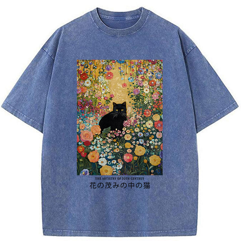 Unisex Black Cat In The Flower Bushes Washed T-Shirt